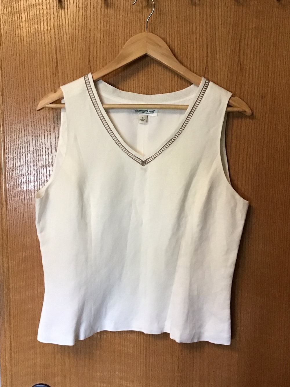 Coldwater Creek Ivory V-Neck Sleeveless Tank with brown/taupe embroidered Trim